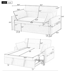 55.1" Pull Out Sleep Sofa Bed Loveseats Sofa Couch with Adjsutable Backrest, Storage Pockets, 2 Soft Pillows, USB Ports for Living Room, Bedroom, Apartment, Office, Beige (Old SKU WF307821AAA)