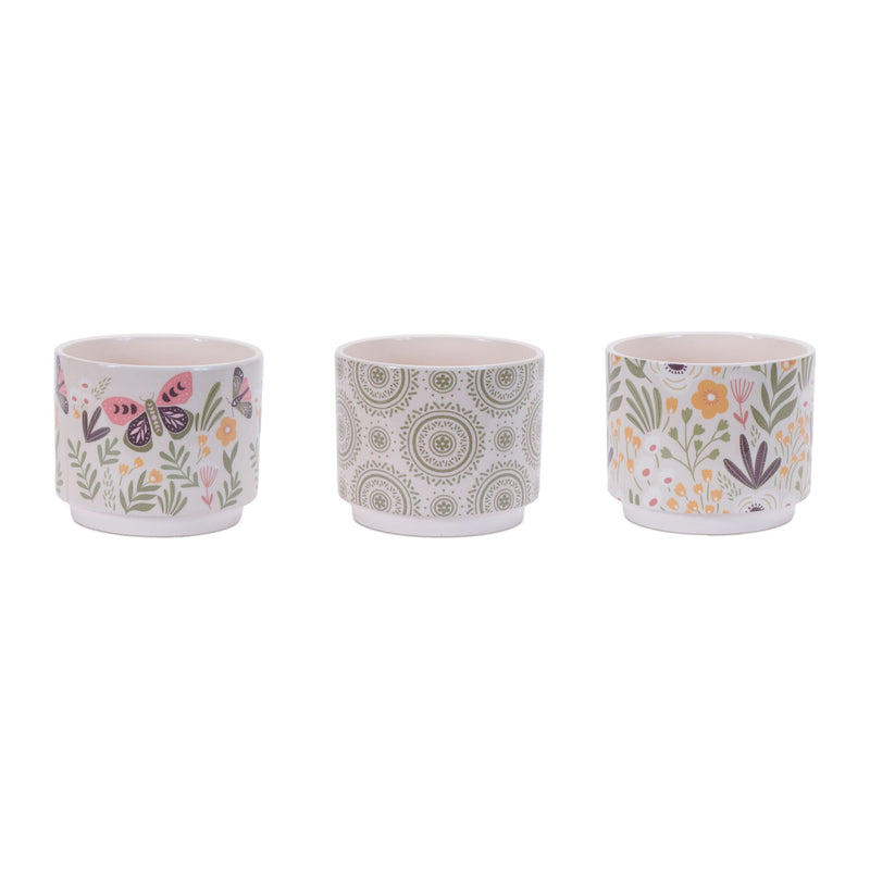 Leaf Round Pot Planters (Set of 3) - Green / Pink / White