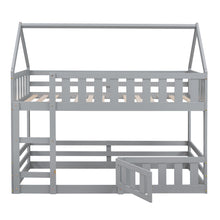 Load image into Gallery viewer, Twin over Twin House Bunk Bed with Fence and Door, Gray
