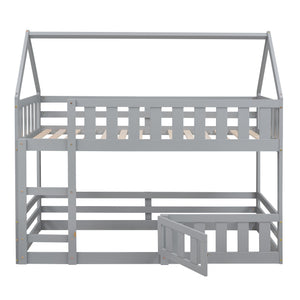 Twin over Twin House Bunk Bed with Fence and Door, Gray