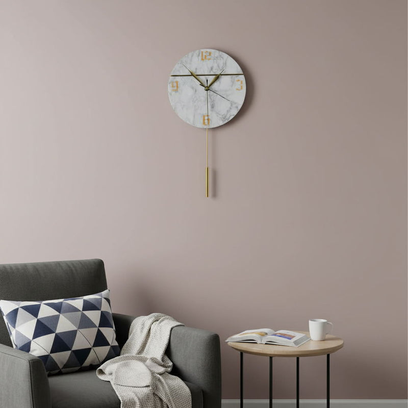 Marble Silent Pendulum Marble Round Wall Clock - White / Gold