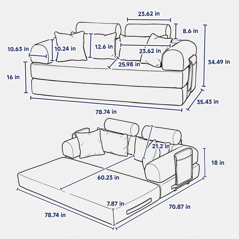 Convertible Sleeper Sofa Bed, Foldable Multi Functional Couch For Living Room - Navy / Red