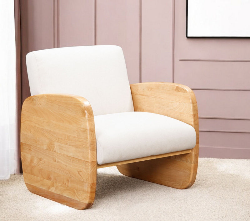 Linen And Wood Arm Chair - White And Natural