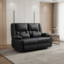 Load image into Gallery viewer, Faux Leather Manual Reclining Loveseat With Storage Toss Pillows - Black
