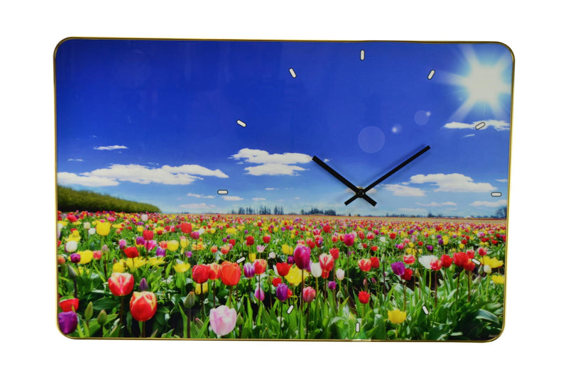 Silent Tulips Floral Wall Clock - Blue / Gold / Red