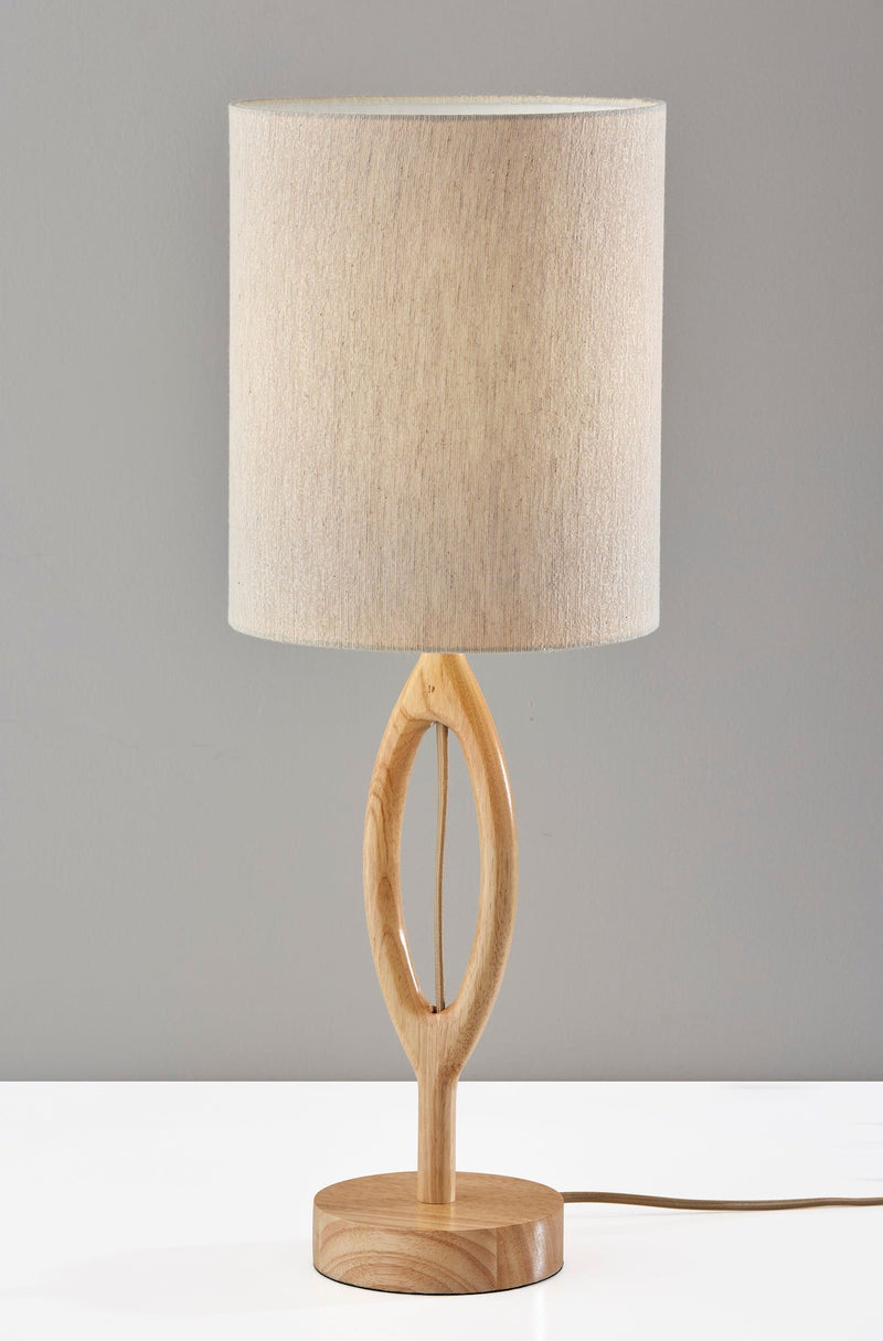 Solid Wood Round Table Lamp With Beige Drum Shade - Natural