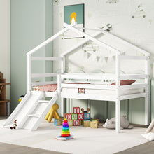 Load image into Gallery viewer, Low Loft House Bed With Slide, Ladder, Safety Guardrails, House Roof Frame

