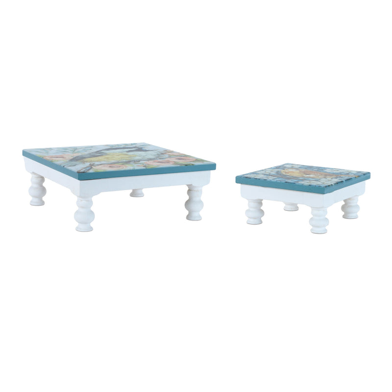 Solid Manufactured Wood Floral Square Riser Tray (Set of 2) - Blue / White
