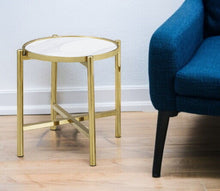 Load image into Gallery viewer, 22" Contemporary Faux Marble Ceramic And Metal Cross Legs Round End Table - Gold / White
