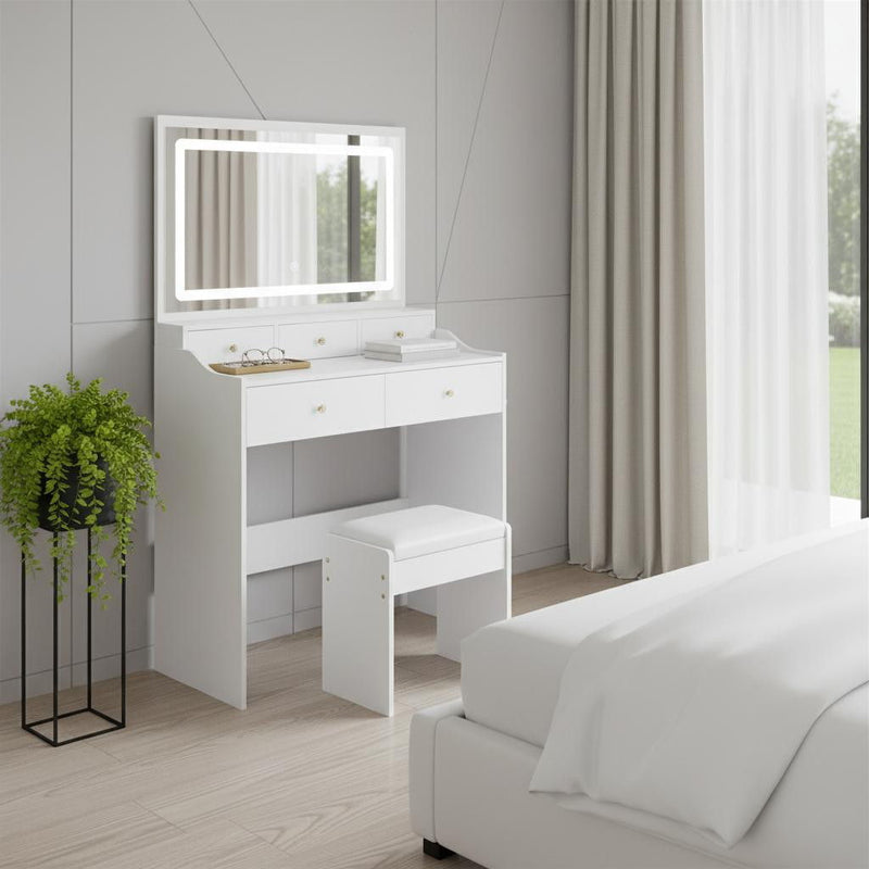 30" Wood Lighted Vanity Five Drawer Dresser - White