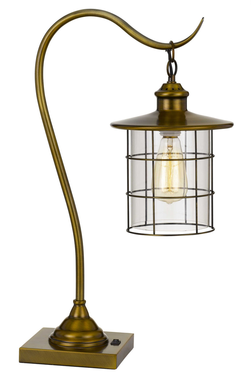 Metal Lantern Desk Table Lamp With Antiqued Brass Drum Shade - Antiqued Brass