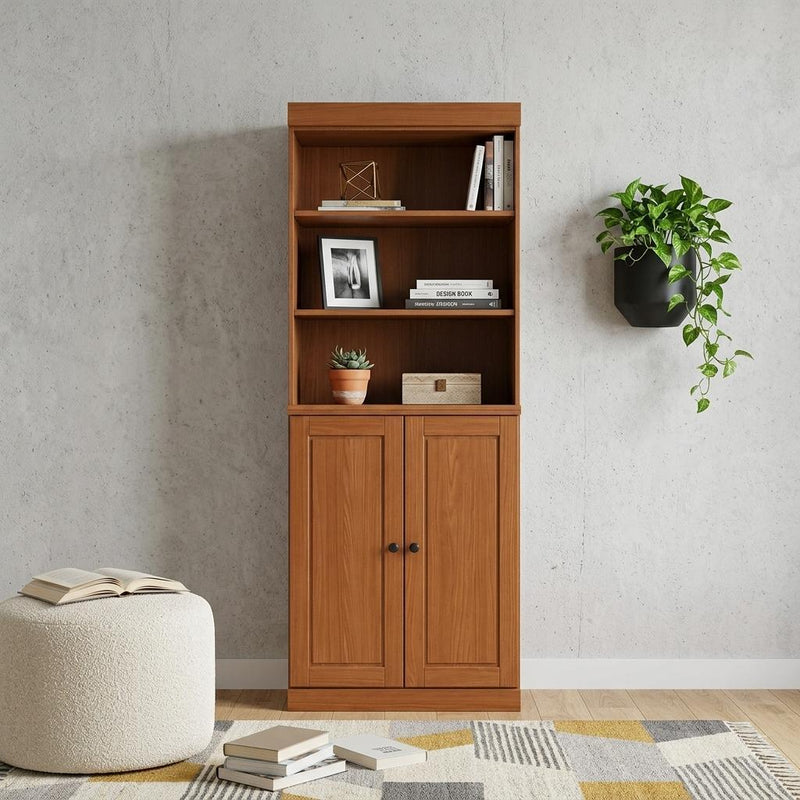Solid Wood Adjustable Six Tier Library Bookcase With Two Doors - Coffee