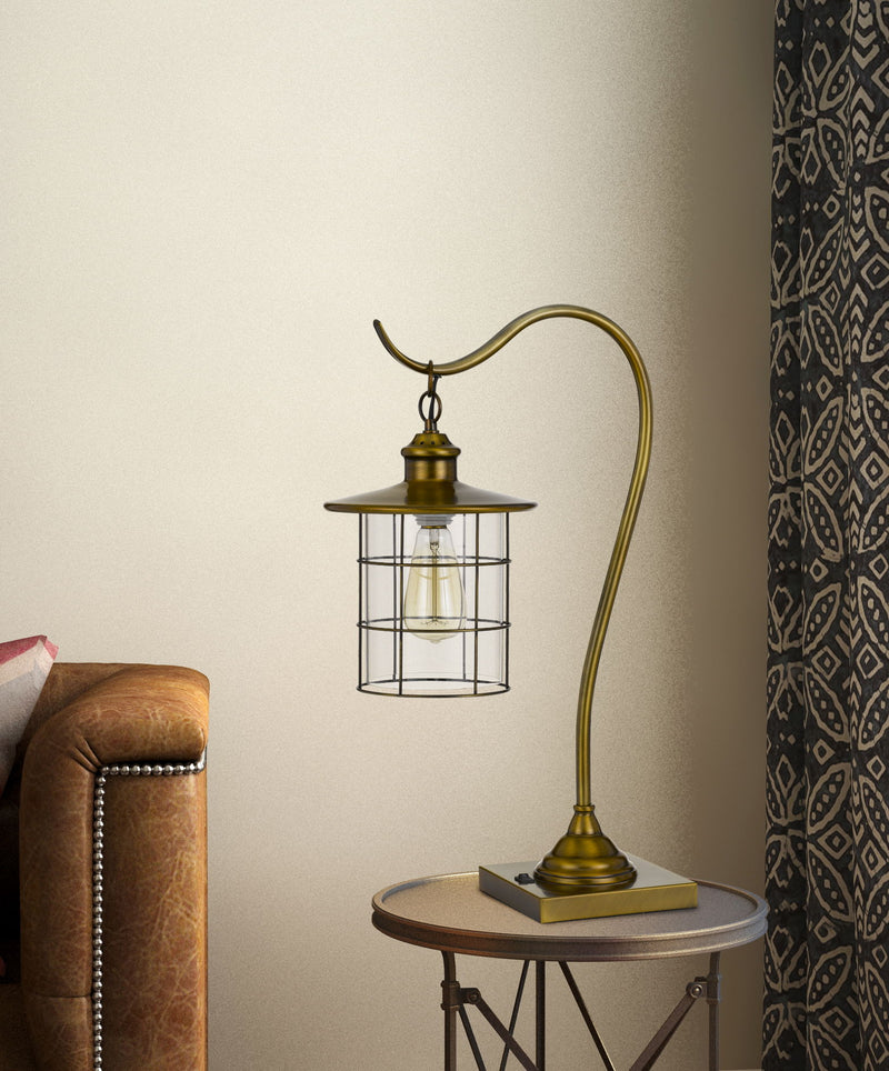Metal Lantern Desk Table Lamp With Antiqued Brass Drum Shade - Antiqued Brass