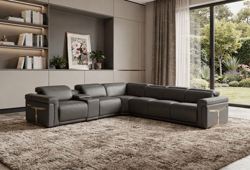 Italian Leather Modular L Shaped Seven Piece Corner Sectional With Console - Gray