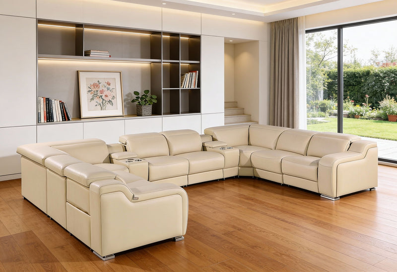 Italian Leather Power Reclining U-Shaped Ten Piece Corner Sectional With Console - Beige