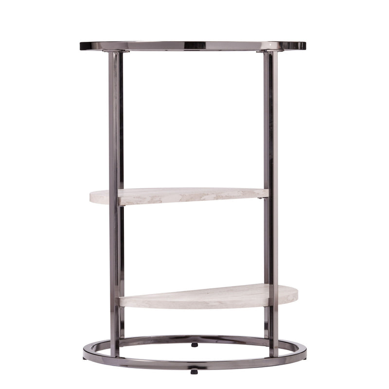 Metal Glass Faux Marble Round End Table With Two Shelves - Black