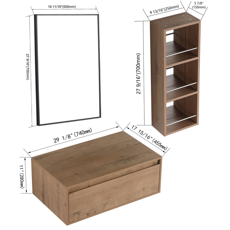 30" Wall Mounted Mirror Cabinet With And Frame, Storage Vanity For Bathroom - Imitative Oak