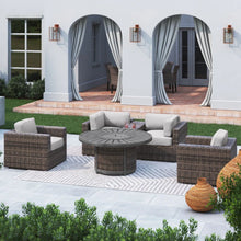 Load image into Gallery viewer, Patio Seating Group For 4 With Cushions And Fire Pit Table - Brown
