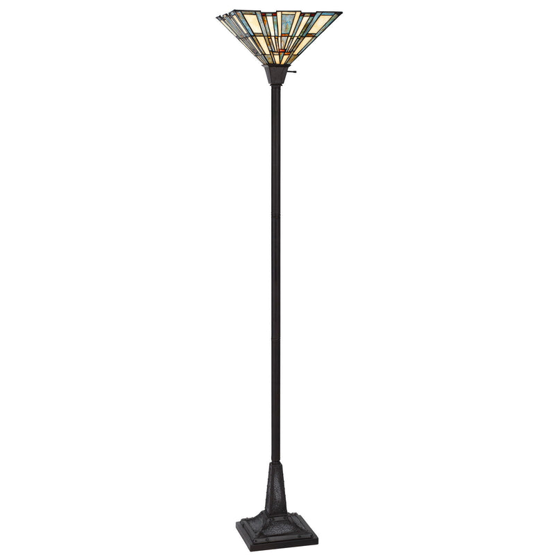 Torchiere Floor Lamp With Gray And Ivory Abstract Tiffany Glass Novelty Shade - Bronze