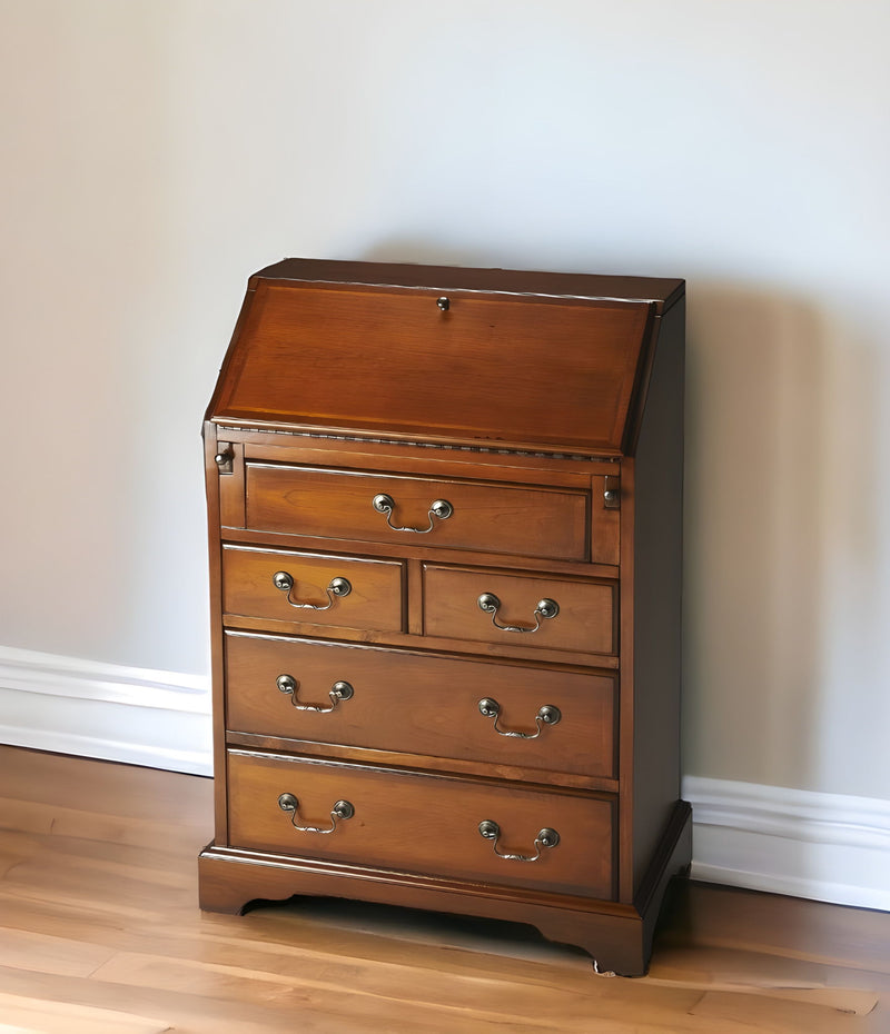 Solid Wood Secretary Desk With Five Drawers - Brown
