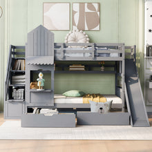 Load image into Gallery viewer, Twin-Over-Twin Castle Style Bunk Bed with 2 Drawers 3 Shelves and Slide - Gray
