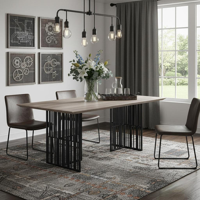 Wood Iron Double Pedestal Base Dining Table - Oak / Black
