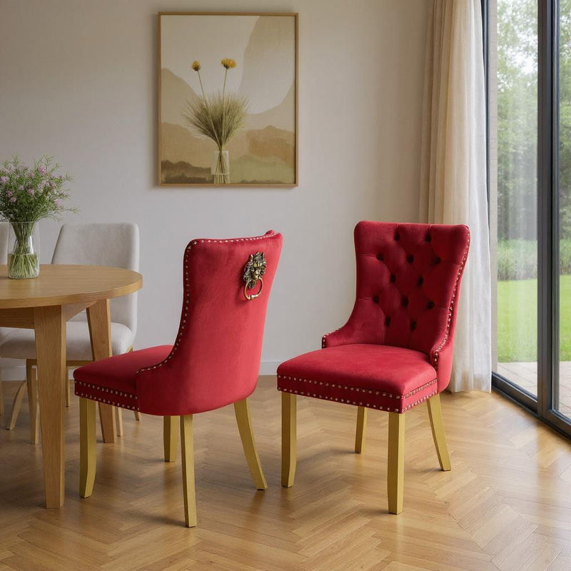 Tufted Velvet Solid Wood Dining Side Chairs (Set of 2) - Gold / Red