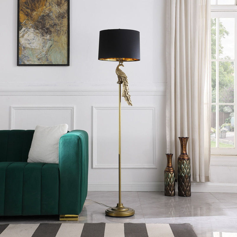 Floor Lamp With Black Drum Shade - Burnished Gold