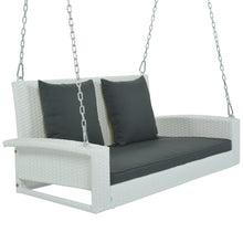 Load image into Gallery viewer, GO 2-Person Wicker Hanging Porch Swing with Chains, Cushion, Pillow, Rattan Swing Bench for Garden, Backyard, Pond. (White Wicker, Gray Cushion)
