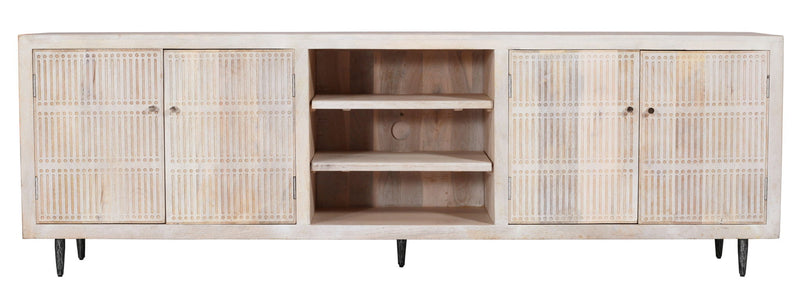 92" Carved Geometric Distressed Solid Wood Enclosed And Open Storage TV Stand - Ivory