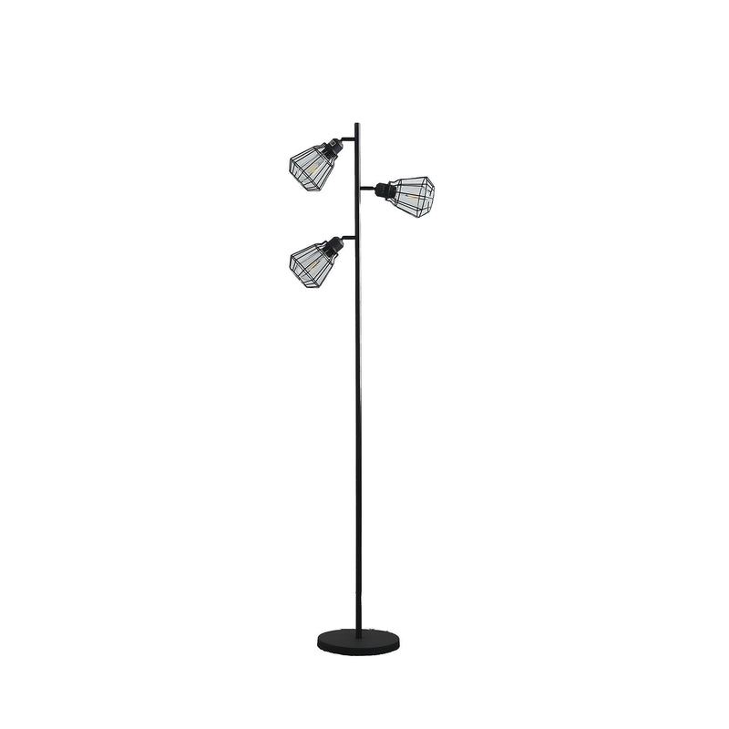 Three Light Tree Floor Lamp With Black Metal Cage Shade - Black