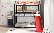 Load image into Gallery viewer, Twin Over Twin Metal Bunk Bed ,Metal Housebed With Slide,Three Colors Available.(Black with Red Slide)(OLD SKU :LP000095AAJ)
