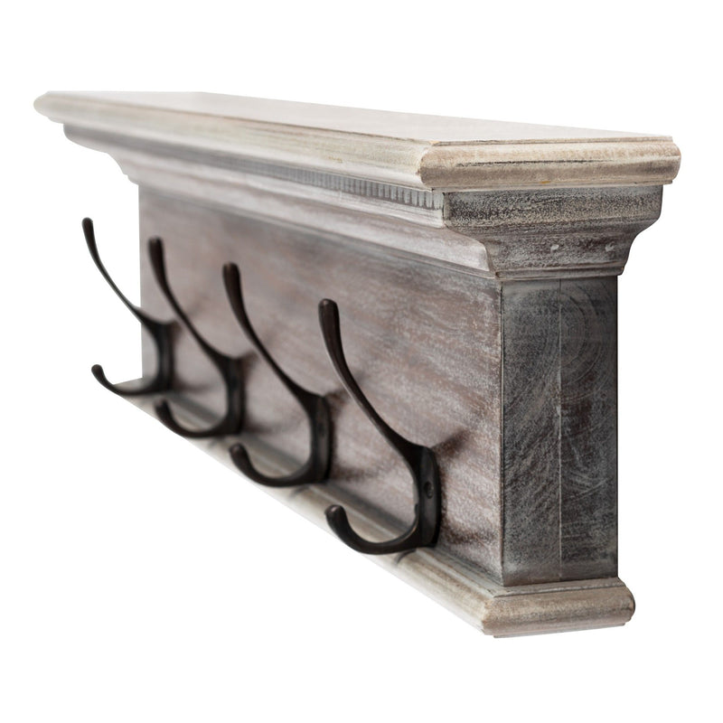 28" Solid Wood Four Hook Wall Mount Coat Rack - Brown