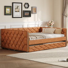 Load image into Gallery viewer, Upholstered Full Long Daybed With Trundle And LED Armrests - Brown

