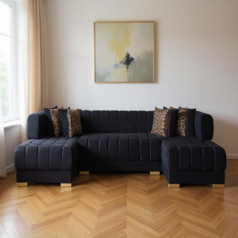 Velvet Three Piece Sofa Chaise Sectional With Toss Pillows - Black