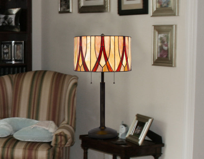 Metal Two Light Table Lamp With Red And Ivory Drum Shade - Bronze