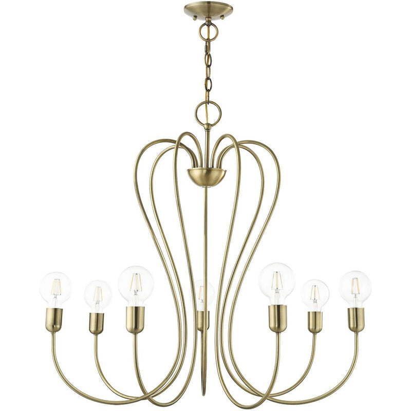 29" Seven Light Dimmable Chandelier With Shades - Antiqued Brass