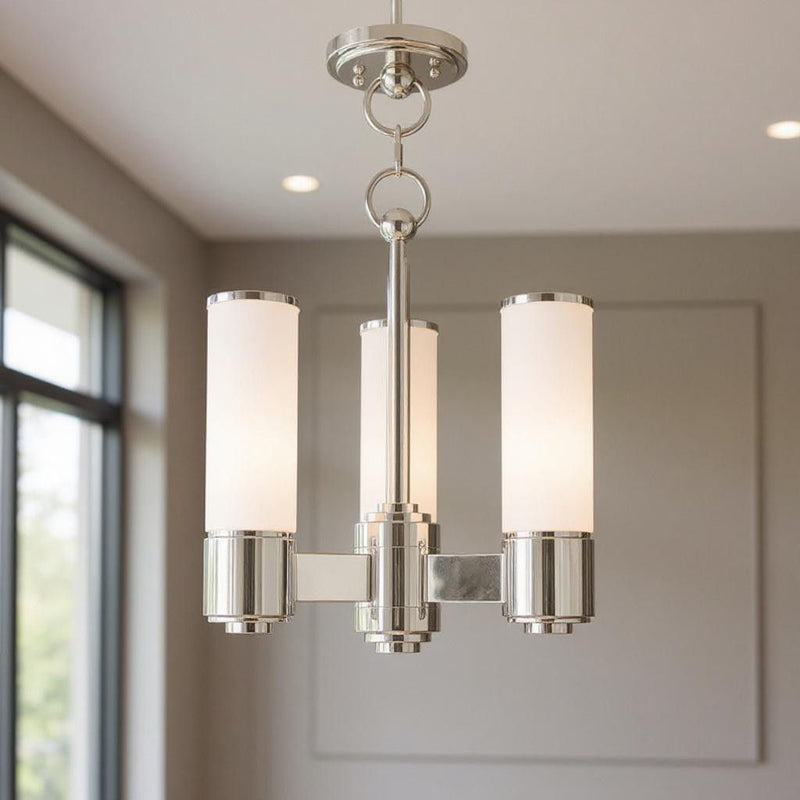 Three Light Metal Dimmable Chandelier With Shades - Nickel / Opal