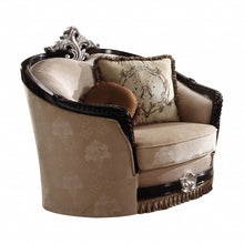 Load image into Gallery viewer, Fabric And Black Ornate Frame Damask Arm Chair With Accent Pillows - Tan
