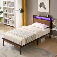 Load image into Gallery viewer, Twin Size Platform Bed Frame, LED Lights With Remote Control, USB Charging Port, Large Under Bed Storage - Black / Brown
