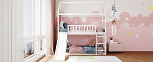 Twin Over Twin Bunk Bed with Slide, House Bed with Slide, White(OLD SKU: LT000213AAK)