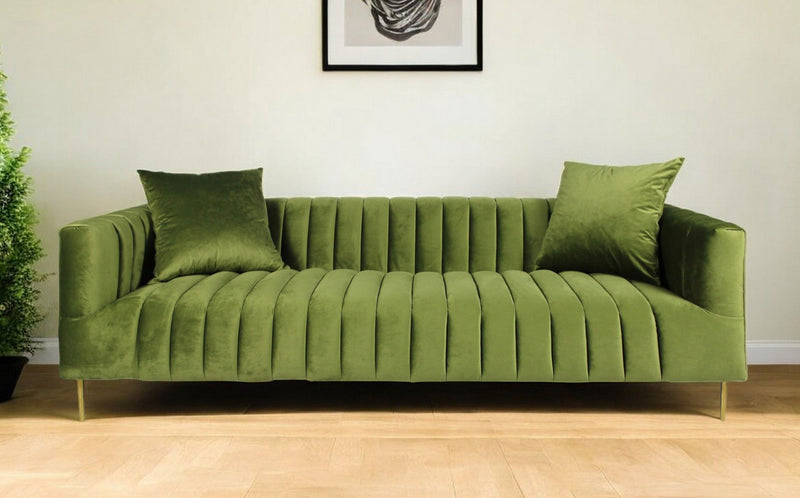Moss Velvet Sofa With Two Toss Pillows - Green / Gold