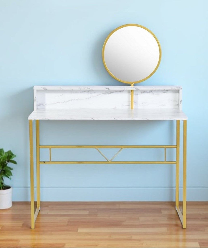 41" Faux Marble And Steel Vanity Table With Mirror - Gold And White