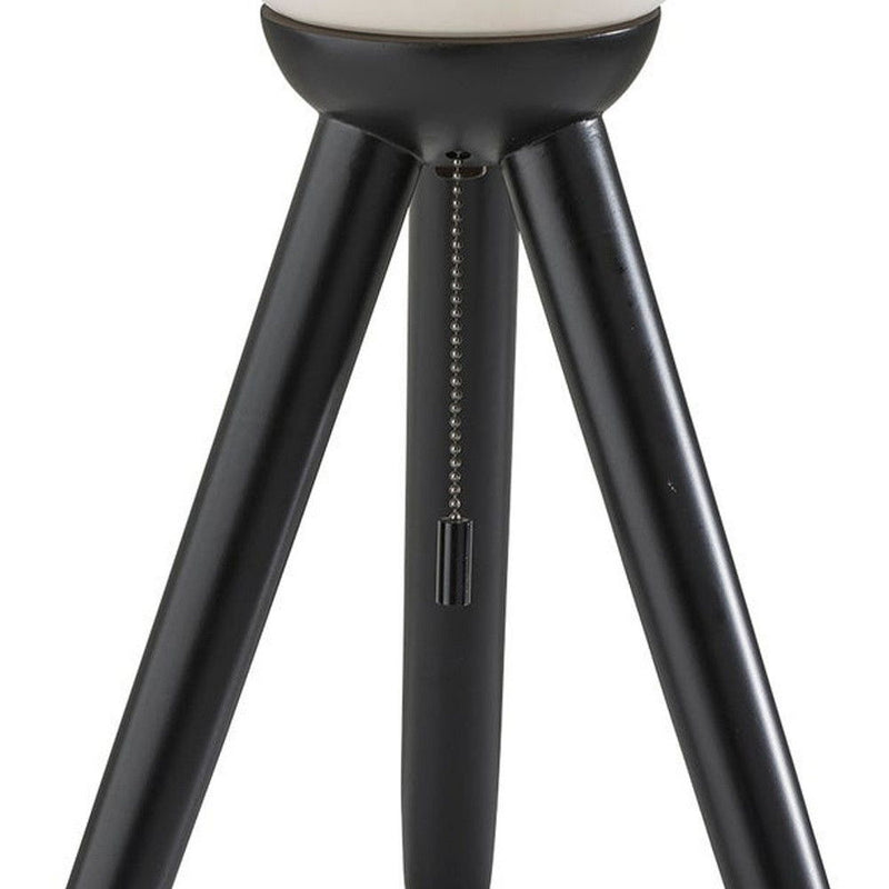 Solid Wood Tripod Table Lamp With White Ribbed Glass Shade - Black