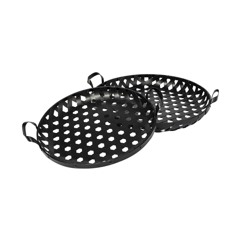 Round Metal Indoor Outdoor Tray With Handles (Set of 2) - Black