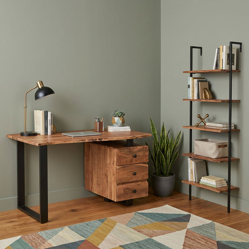 Wall Mounted Pedestal Computer Desk With Three Drawers - Brown / Black