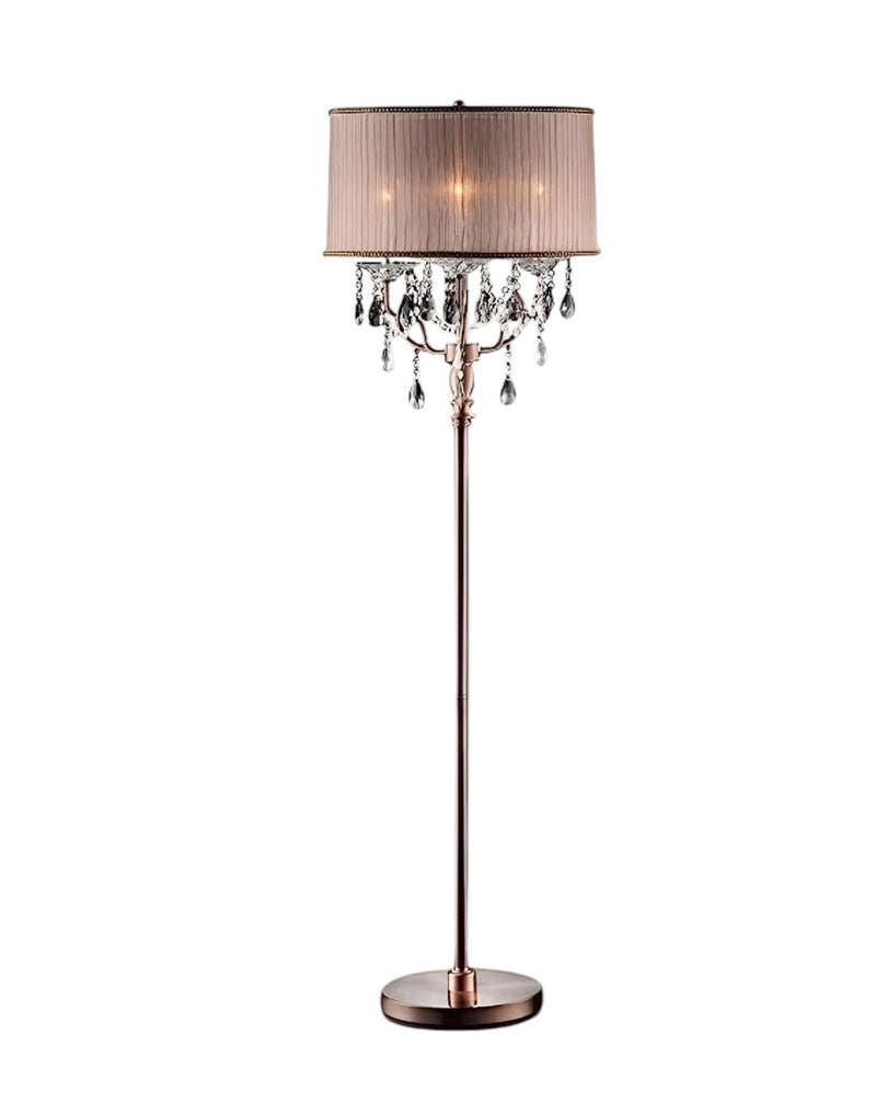 Steel Three Light Candelabra Floor Lamp With Silvery Pink Drum Shade - Silver