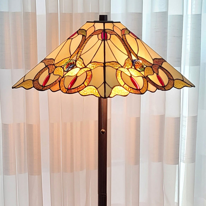 62" Two Lights Traditional Shaped Floor Lamp With Brown And White Stained Glass Cone Shade - Brown