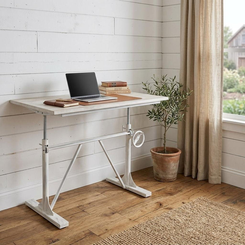 Adjustable Pedestal Drafting Table - Antiqued White