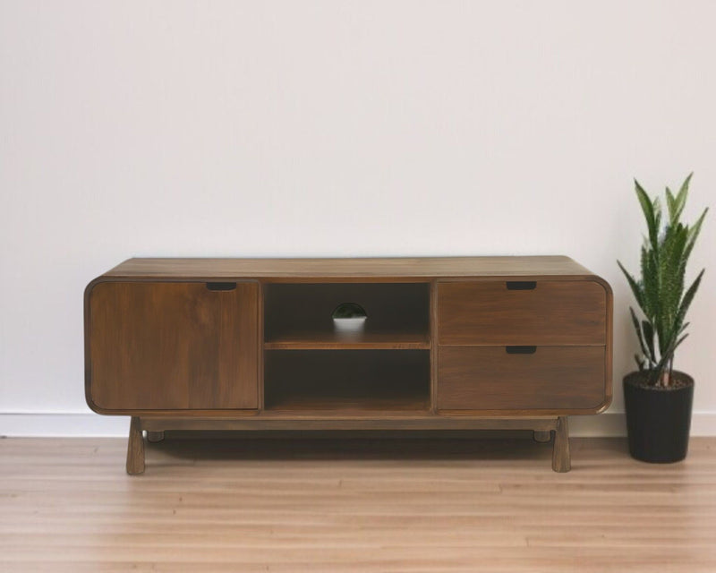 Wood Curved Edge Enclosed Storage TV Stand - Medium Brown
